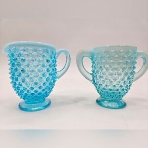 Fenton Hobnail Blue Opalescent Milk Glass CREAMER & SUGAR Demitasse Vintage Set